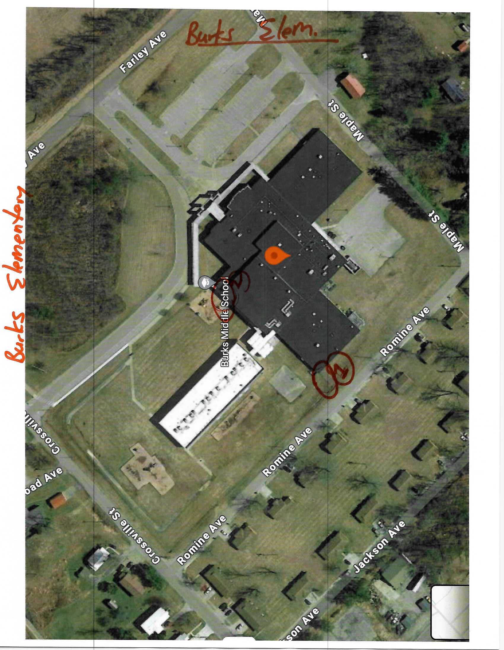 The image shows an overhead view of Burks Elementary School